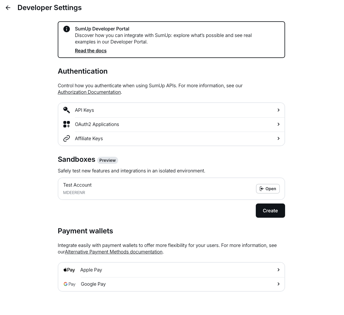 Screenshot of the dashboard Developer Settings, showing Payment wallets section that includes Apple Pay and Google Pay